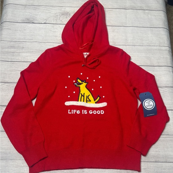 Life Is Good Red Hoodie Sweater Dog Snow Winter Women Size XL Knit NWT - Picture 1 of 6